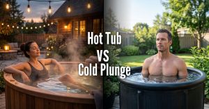 A side-by-side comparison of a woman relaxing in a steaming wooden hot tub at dusk under string lights versus a man sitting in a black cold plunge tub in a sunny backyard. The text Hot Tub VS Cold Plunge is centered over the dividing line.
