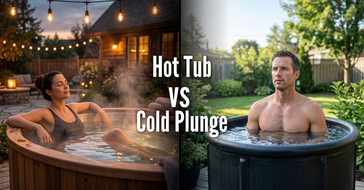 A side-by-side comparison of a woman relaxing in a steaming wooden hot tub at dusk under string lights versus a man sitting in a black cold plunge tub in a sunny backyard. The text Hot Tub VS Cold Plunge is centered over the dividing line.