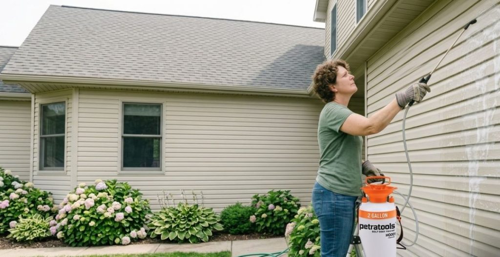 A woman using a PetraTools 2-Gallon pump sprayer to apply soft wash solution to the vinyl siding of a house.