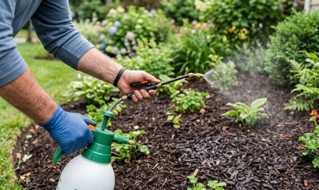 Applying mulch glue with a garden sprayer over dark shredded mulch flower bed