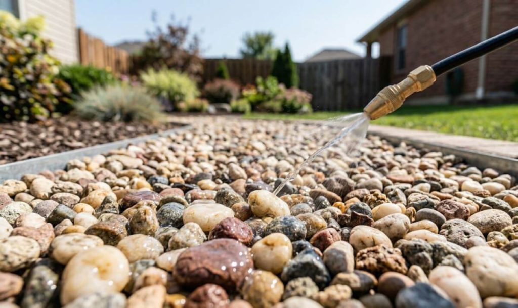 Spraying rock glue adhesive over decorative pea gravel and river rocks on garden path