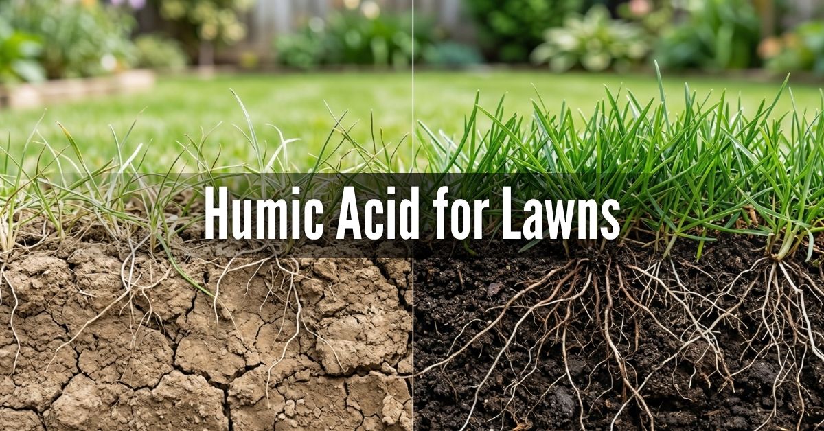 An image titled "Humic Acid for Lawns" featuring a side-by-side cross-section comparison of soil and grass health. Left Side: Shows thin, pale green grass growing in dry, light brown, cracked clay-like soil with sparse root development. Right Side: Shows lush, vibrant green grass growing in dark, rich, moist-looking soil with a deep and dense root system.