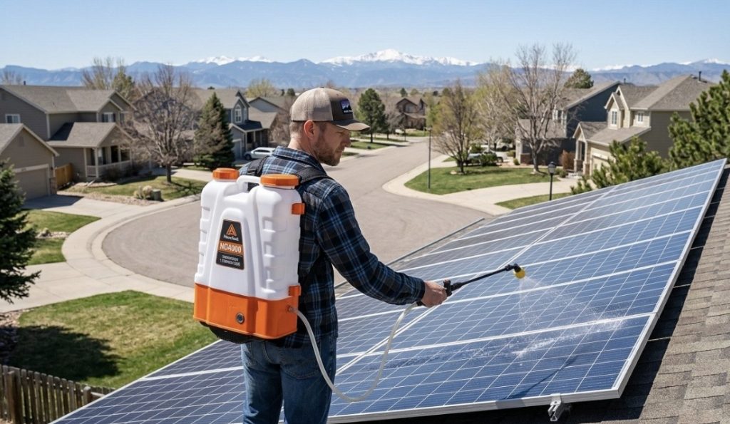 Person cleaning solar panels with a backpack sprayer for improved energy efficiency.