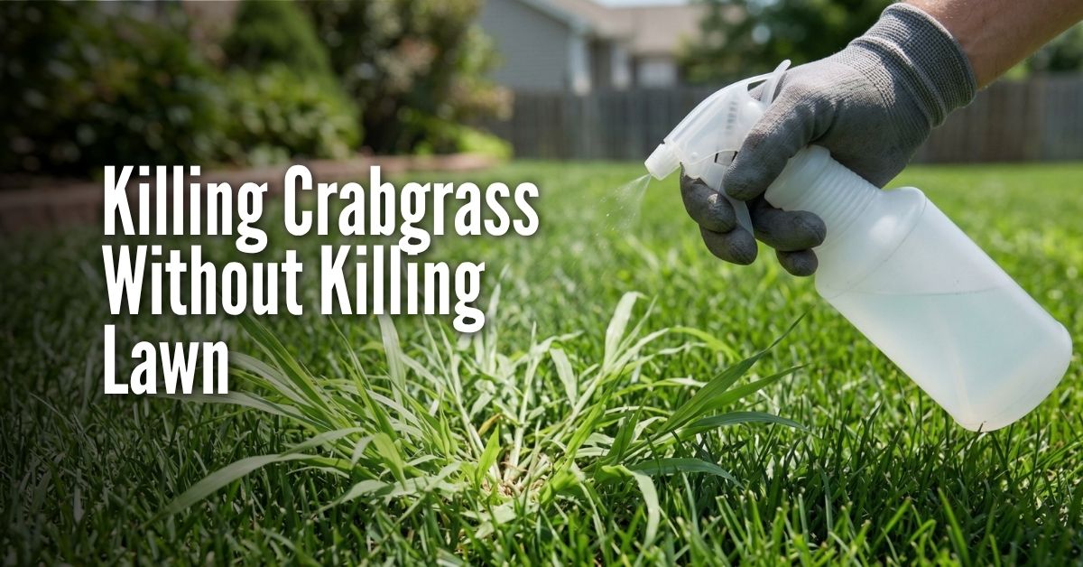 An image titled "Killing Crabgrass Without Killing Lawn" showing a close-up of a person spot-treating a weed. A hand wearing a gray work glove is holding a white spray bottle, directing a fine mist onto a thick, sprawling clump of crabgrass nestled within a healthy green lawn. The background shows a soft-focus residential yard with a wooden fence.