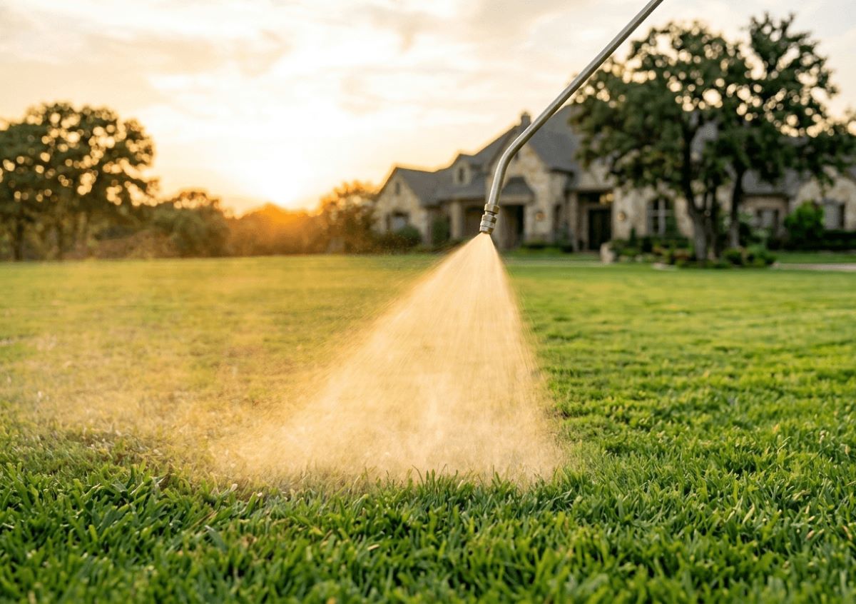 Focused view of uniform liquid application on large green lawn surface