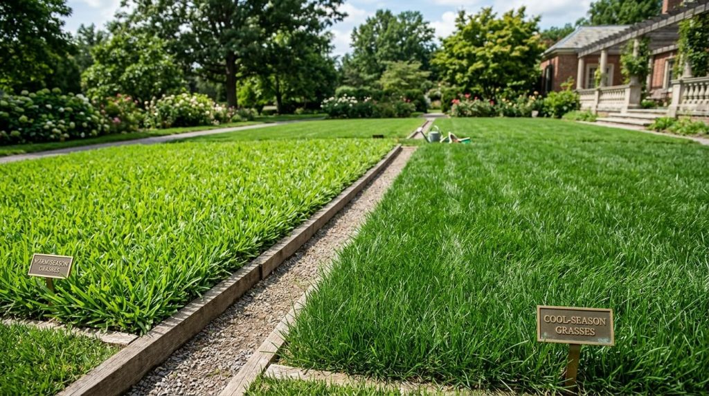 Comparison of cool season and warm season lawn grass types growing in a residential yard.