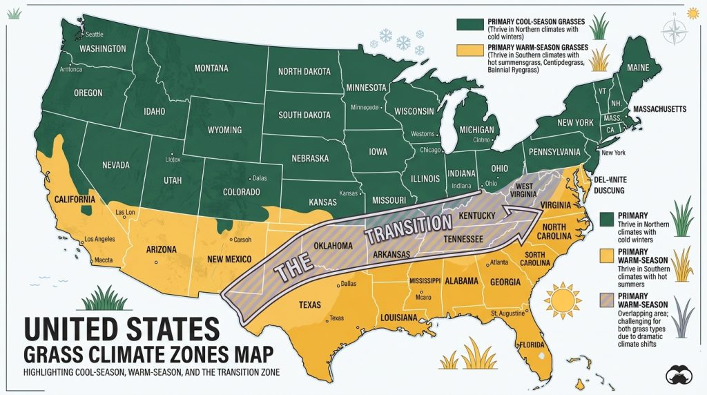 Map of the United States showing the lawn grass transition zone.