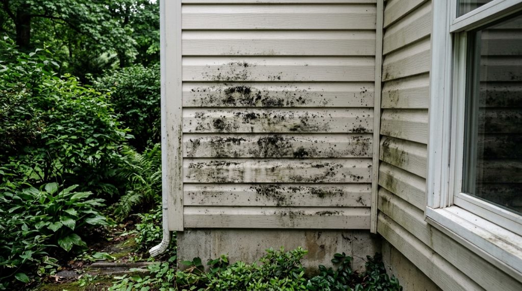 Black mold growth on vinyl siding of residential home exterior.