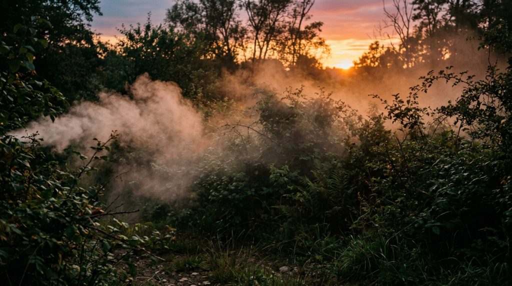 ULV fogger mist moving through landscaping during evening mosquito control treatment.
