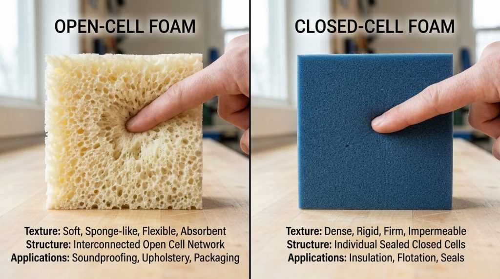 A side-by-side comparison showing the physical textures of open-cell foam (soft and sponge-like) versus closed-cell foam (dense and rigid) with detailed descriptions of their applications.