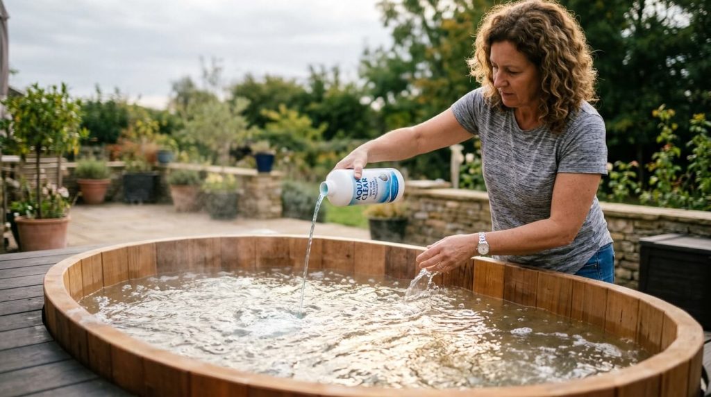 Maintaining clean water in a DIY cold plunge using a liquid treatment solution.