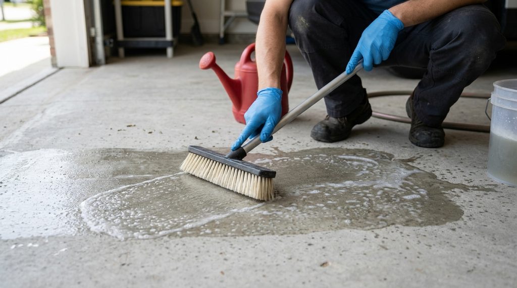 Applying concrete etching solution to prepare garage floor for epoxy coating.