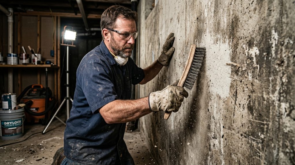 Cleaning and prepping a concrete basement wall before applying waterproof sealer.