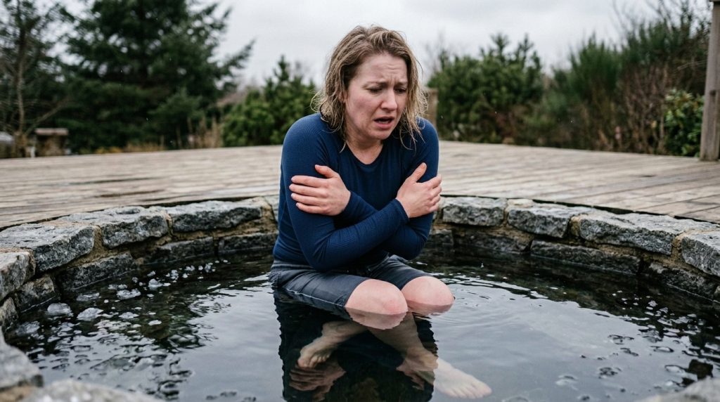 Cold plunge user reacting to water that is too cold, highlighting common mistakes.