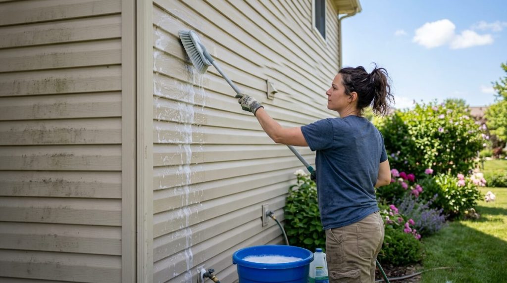 Using a soft bristle brush to clean vinyl siding safely.