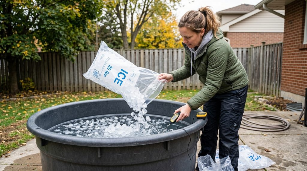 Setting up a home cold plunge tub with a thermometer and ice.