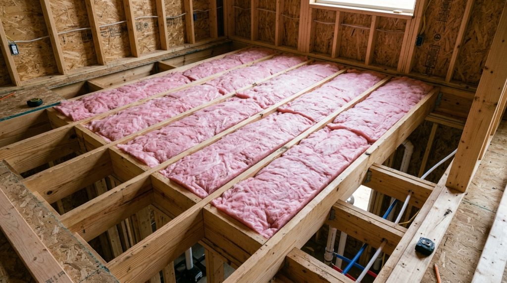Fiberglass batt insulation installed between floor joists in residential crawl space.
