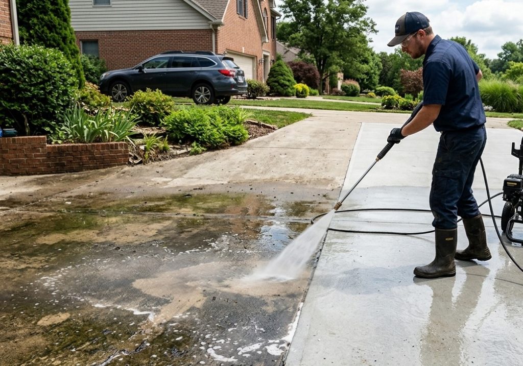 Pressure washer removing dirt and stains from a residential concrete driveway.