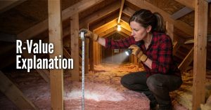 An image titled "R-Value Explanation" showing a woman in a dimly lit attic measuring the depth of pink fiberglass insulation. She is wearing a red plaid shirt, work gloves, and holding a flashlight to illuminate a measuring tape extending from the floor joists. The attic features exposed wooden rafters and trusses.