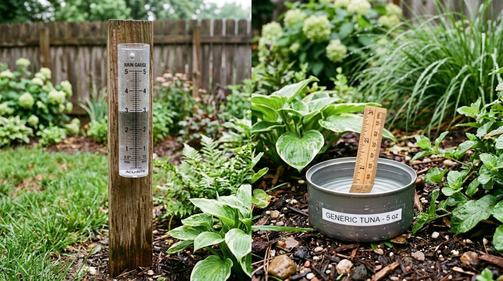 Two ways to measure lawn watering: a professional rain gauge mounted on a wooden post and a DIY tuna can method with a ruler in a garden bed.