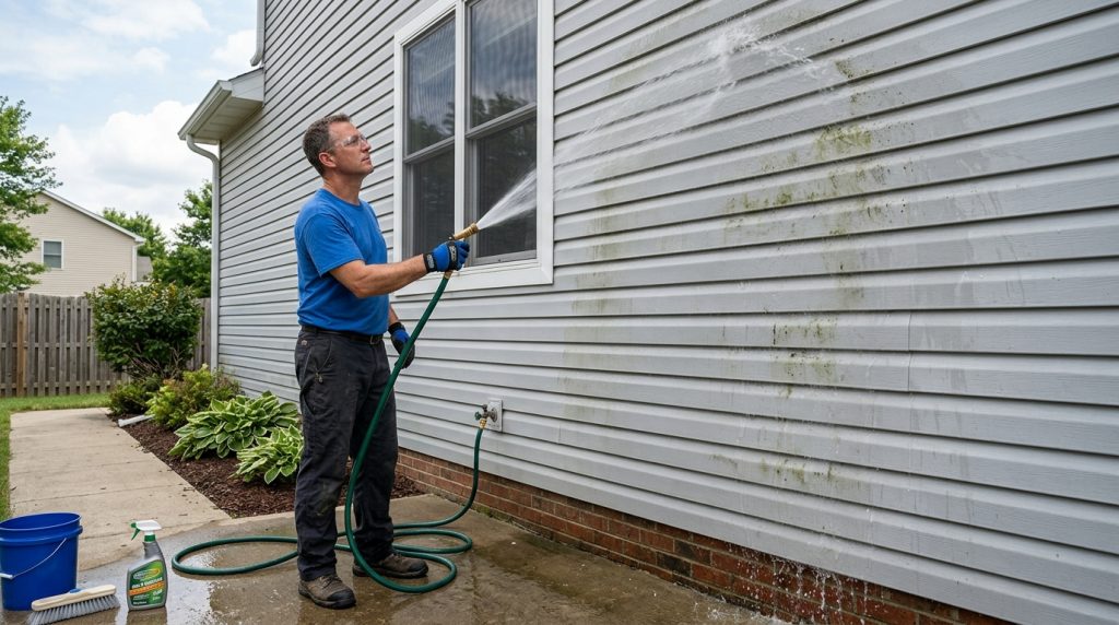Rinsing mold cleaner from vinyl siding using a garden hose.