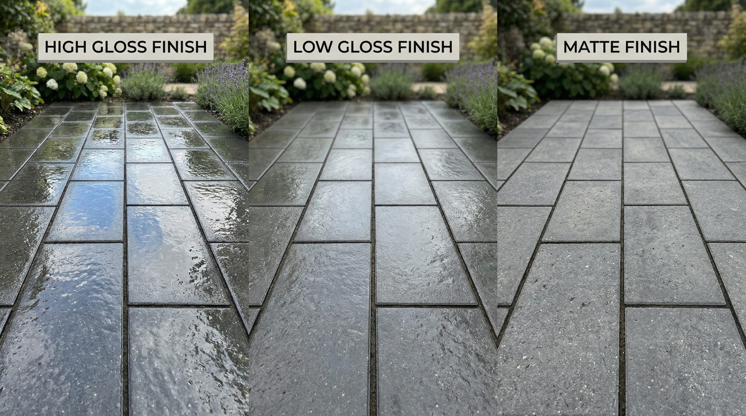 A three-panel comparison image showcasing different paver sealer results on dark grey rectangular pavers.

Left Panel: Labeled HIGH GLOSS FINISH. The pavers have a highly reflective, "wet look" surface that clearly mirrors the sky and clouds.

Middle Panel: Labeled LOW GLOSS FINISH. The pavers have a subtle sheen and deep color saturation but lack the sharp reflections of the high gloss version.

Right Panel: Labeled MATTE FINISH. The pavers appear natural and flat with no reflective shine, maintaining a soft, non-reflective grey texture.

The background of each panel shows a consistent outdoor setting with a stone wall, green shrubs, and small purple flowers.