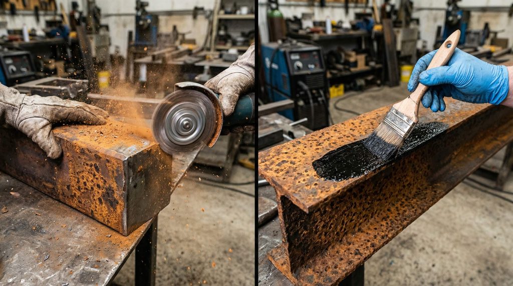 Side-by-side demonstration of mechanical rust removal using a power grinder and chemical treatment applying rust converter with a brush.