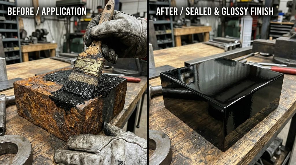 Before and after restoration showing the application of a protective black coating on a rusted metal block and the final glossy sealed finish.