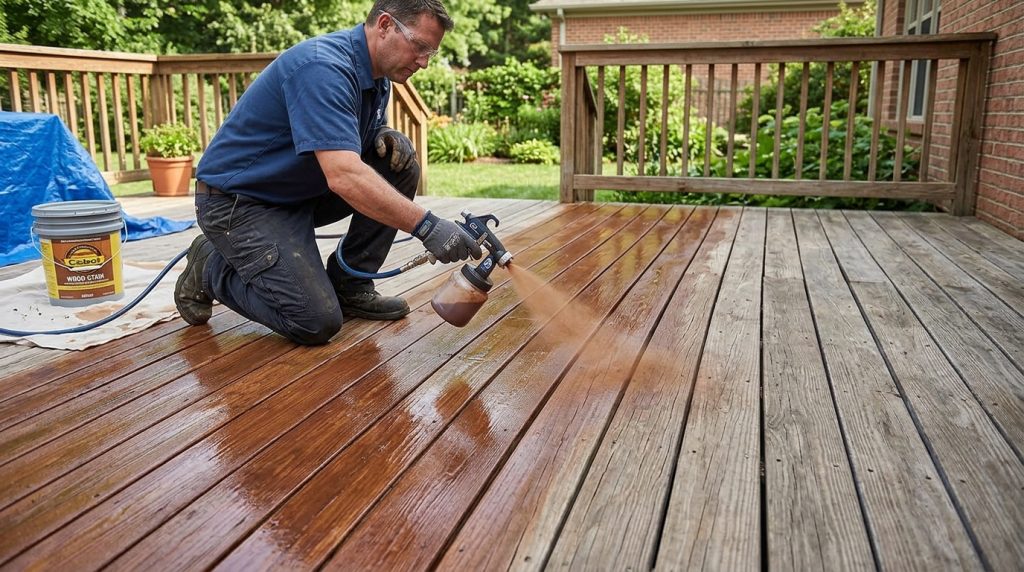 Deck stain being applied evenly across wood deck boards using a pump sprayer.