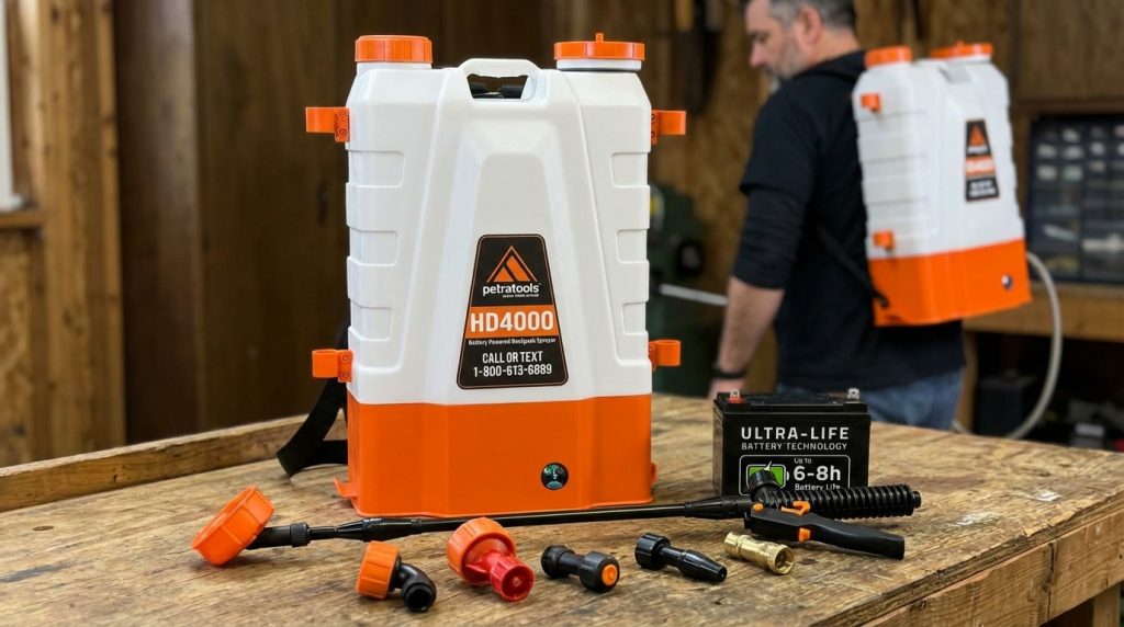 Sprayer replacement parts including nozzle, hose, and seals used for routine maintenance.
