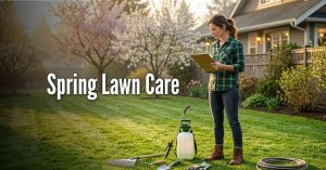 A photograph of a woman in a green plaid shirt and jeans standing on a well-manicured green lawn, holding a clipboard and a pen. She appears to be assessing or planning yard work. In the foreground, several lawn care tools are laid out on the grass: A white and green pump sprayer. A leaf rake and a garden rake. A small hand trowel. A pair of work gloves. A coiled garden hose. The background shows a suburban home with flowering trees in bloom and a wooden fence, all under soft, morning sunlight. Large, white, bold text centered on the left side of the image reads: Spring Lawn Care.