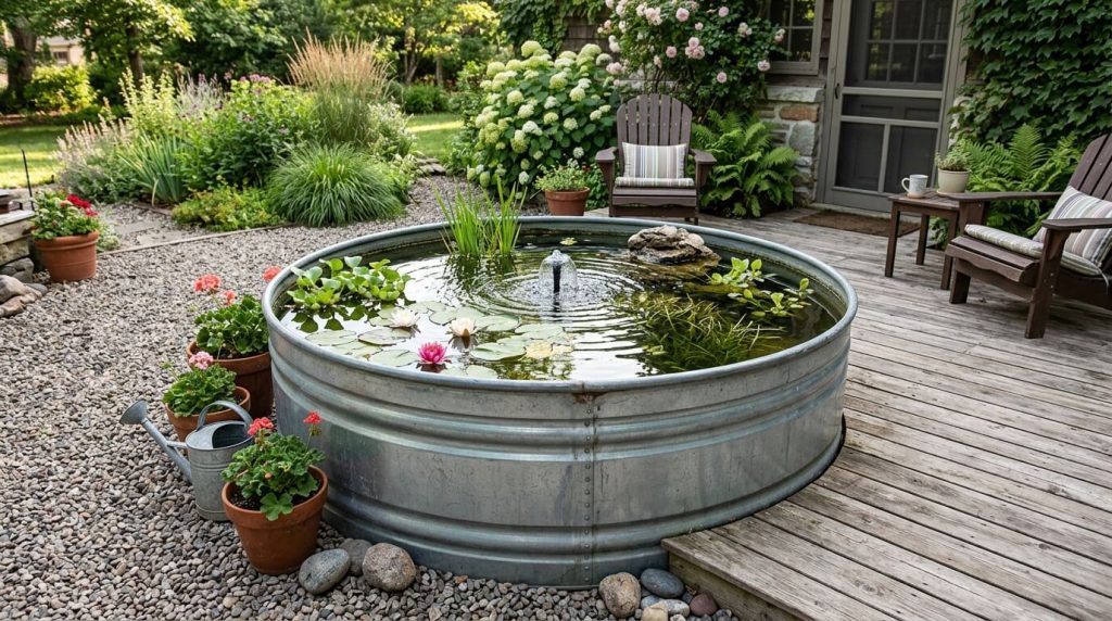 Stock tank used as a durable DIY cold plunge base on a backyard patio.