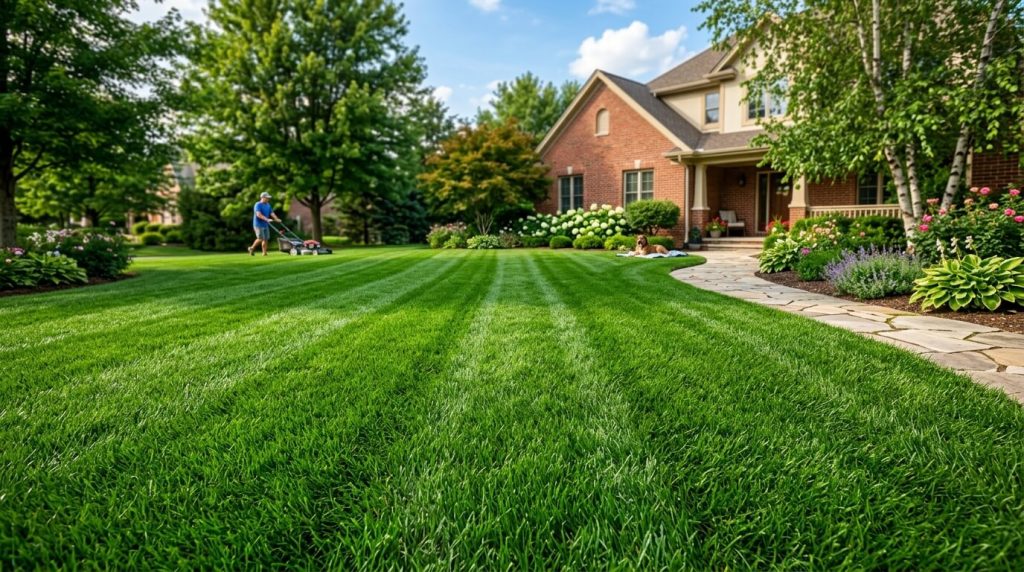 Applying selective crabgrass killer to a lawn using a battery-powered backpack sprayer.