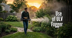 An image titled "Use of ULV Fogger" showing a man in a residential backyard at sunset or sunrise. He is wearing a green plaid shirt, jeans, and work gloves, carrying a backpack ULV (Ultra-Low Volume) fogger. He is walking along a stone path, directing a fine mist from the fogger's nozzle toward a row of bushes and a wooden fence. The warm light of the sun creates a golden glow through the trees and the fog.