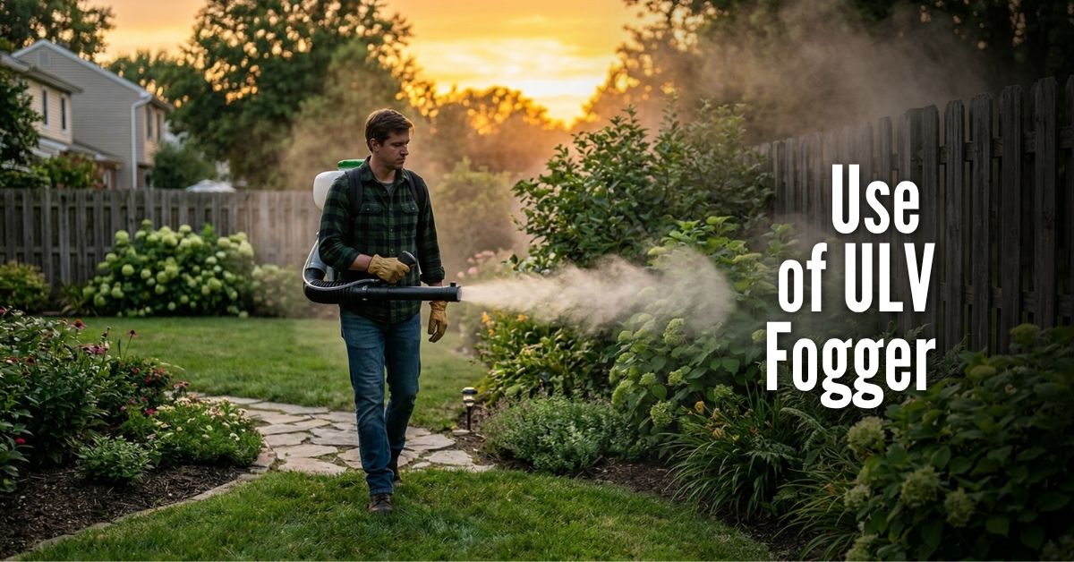 An image titled "Use of ULV Fogger" showing a man in a residential backyard at sunset or sunrise. He is wearing a green plaid shirt, jeans, and work gloves, carrying a backpack ULV (Ultra-Low Volume) fogger. He is walking along a stone path, directing a fine mist from the fogger's nozzle toward a row of bushes and a wooden fence. The warm light of the sun creates a golden glow through the trees and the fog.