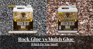 A side-by-side comparison image of two landscaping adhesive products from Petramax. On the left, a bottle of Lockscape Rock Glue Max is shown against a background of grey gravel. On the right, a bottle of Lockscape Mulch Glue Max is shown against a background of wood mulch. A dark horizontal banner at the bottom contains the white text: Rock Glue vs Mulch Glue with the subtext "Which Do You Need?" in a serif font.