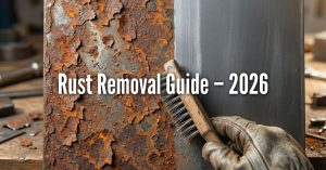 A close-up photograph showing a metal surface being cleaned. The left half is covered in thick, flaky orange rust, while the right half shows smooth, dark grey, brushed metal. A gloved hand is using a wooden-handled wire brush to scrub the boundary between the two sections. Large, white, centered text overlaid on the image reads: Rust Removal Guide - 2026.
