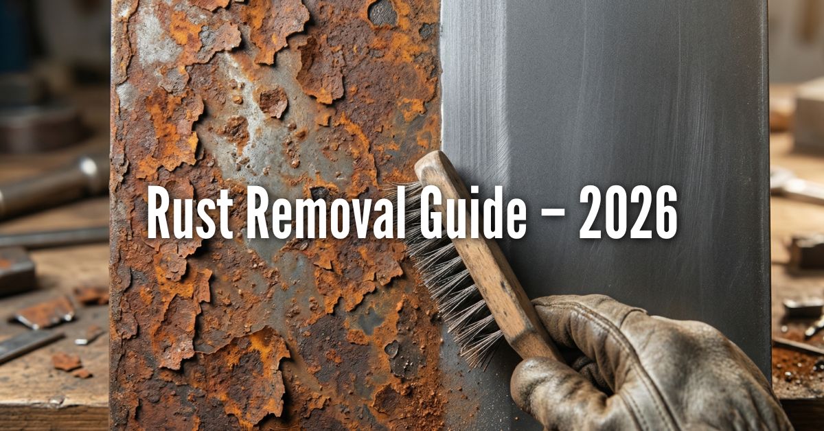 A close-up photograph showing a metal surface being cleaned. The left half is covered in thick, flaky orange rust, while the right half shows smooth, dark grey, brushed metal. A gloved hand is using a wooden-handled wire brush to scrub the boundary between the two sections. Large, white, centered text overlaid on the image reads: Rust Removal Guide - 2026.