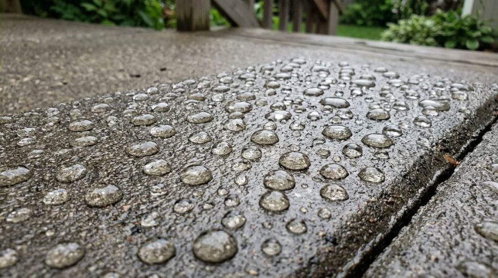 Water resistance on sealed concrete patio showing beading effect.