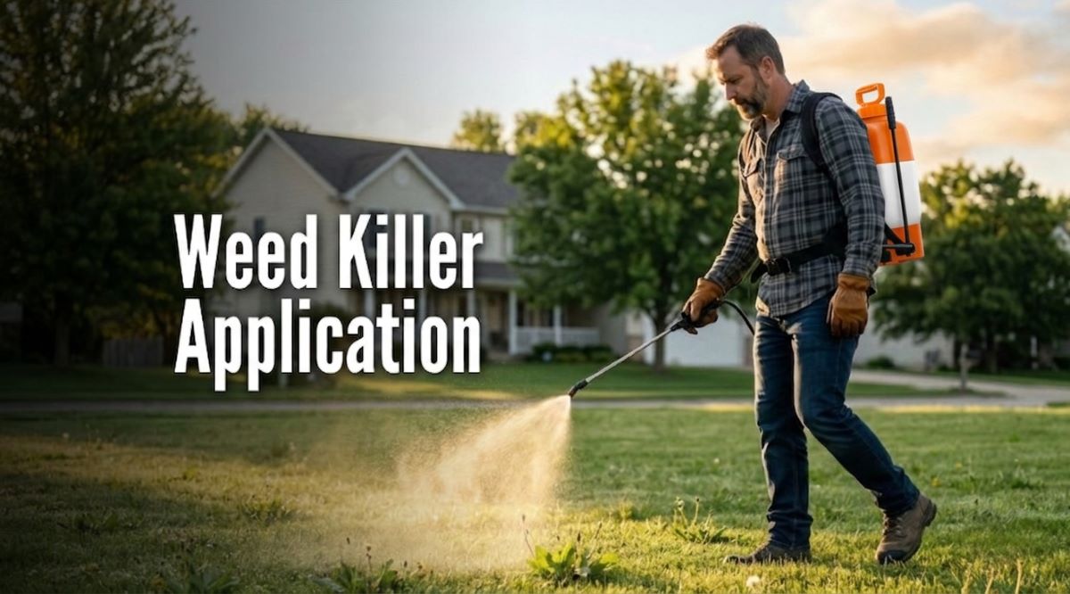 An image titled "Weed Killer Application" showing a man in a suburban yard applying herbicide during the golden hour. He is wearing a gray plaid shirt, blue jeans, brown work boots, and leather gloves. He carries a manual pump backpack sprayer and is directing a steady spray from the wand onto broadleaf weeds in the grass. In the soft-focus background, a two-story residential house and green trees are visible under a warm, hazy sky.