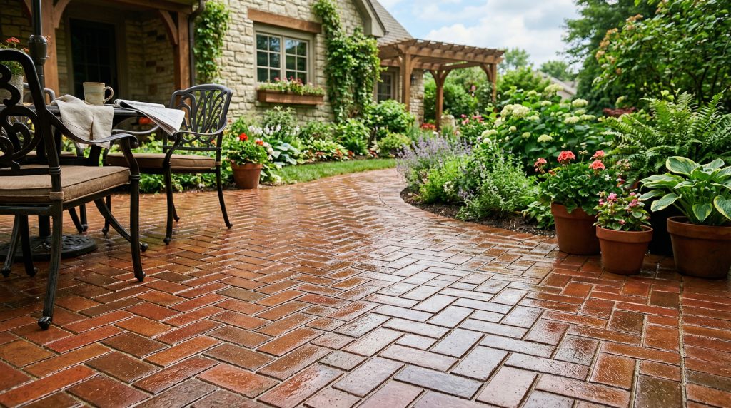 A wide-angle photograph of a finished brick paver patio with a "wet-look" sealer finish. The red and brown bricks are arranged in a herringbone pattern and have a high-gloss, reflective surface.

The patio is part of a lush backyard setting featuring:

Left: A black wrought-iron patio table and chairs with tan cushions. A newspaper and a coffee mug sit on the table.

Right: A curved garden bed filled with green hostas, ferns, and white hydrangeas. Several terracotta pots containing pink and red flowers are placed along the edge of the patio.

Background: A stone house with large windows, a wooden pergola, and climbing green vines. The sky is bright with soft white clouds.