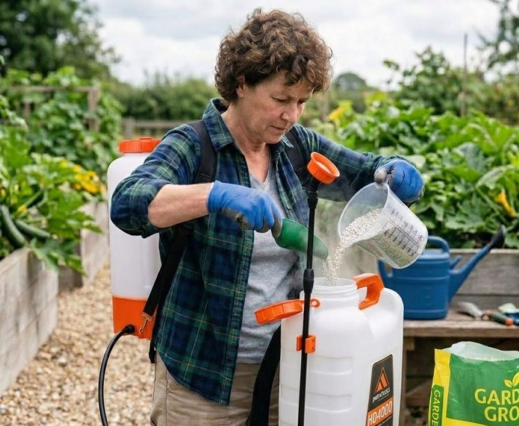 Measuring and mixing liquid fertilizer concentrate into a backpack sprayer tank.