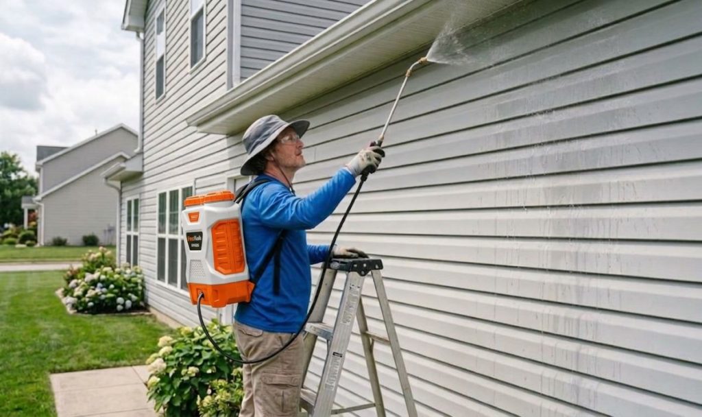 Professional house siding cleaning using a battery-powered PetraTools backpack sprayer.