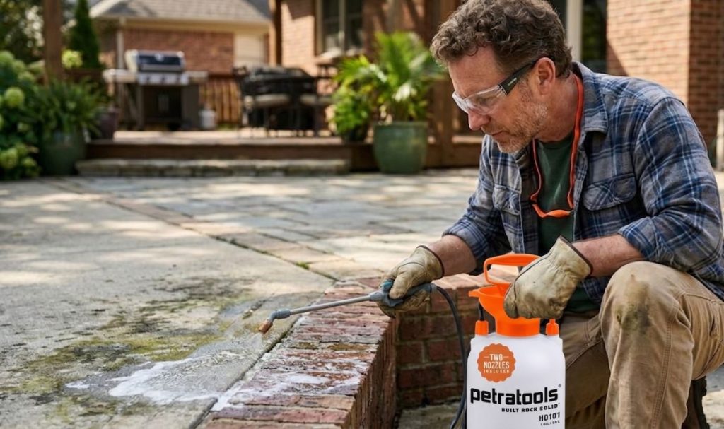 Backpack sprayer being used for outdoor surface cleaning instead of lawn application.