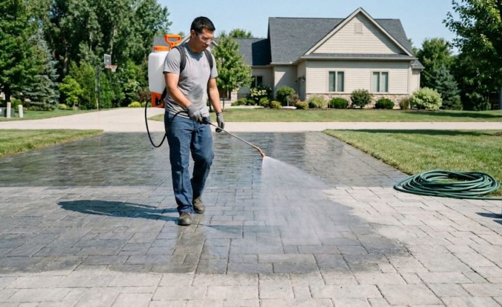 Using a backpack sprayer to apply concrete or paver sealer evenly across a patio surface.