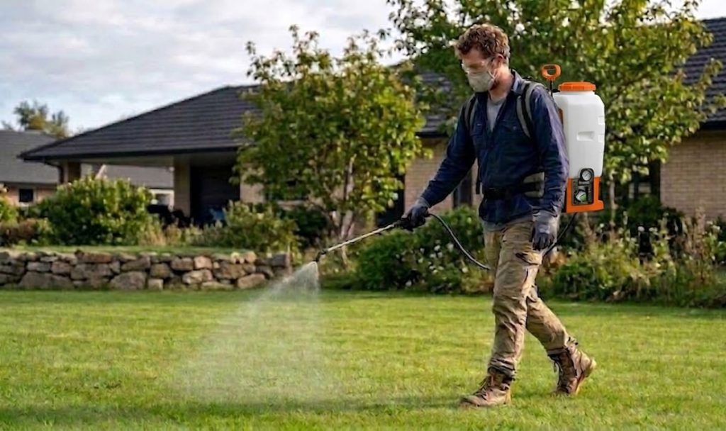 Applying herbicide evenly across the lawn using a backpack sprayer.