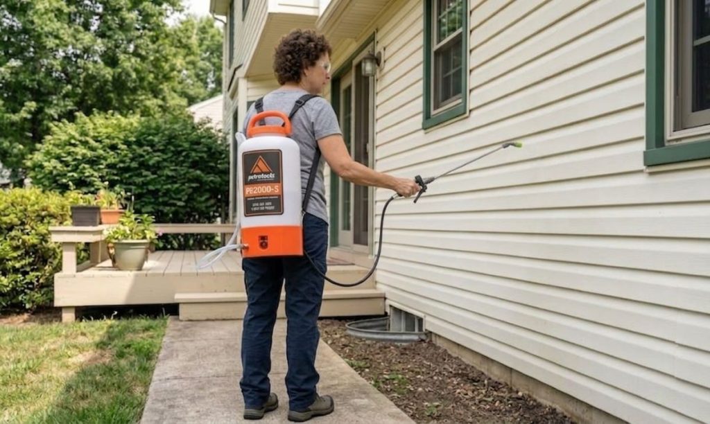 Applying mold cleaning solution to siding using a lawn sprayer.