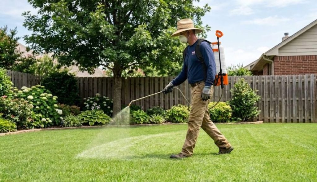 Applying liquid fertilizer to a Bermuda grass lawn using a battery-powered backpack sprayer.