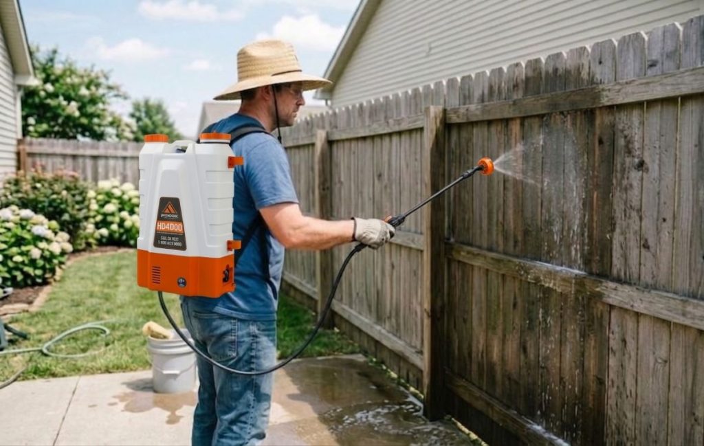 Applying exterior cleaning solution to siding with a backpack sprayer for controlled coverage.
