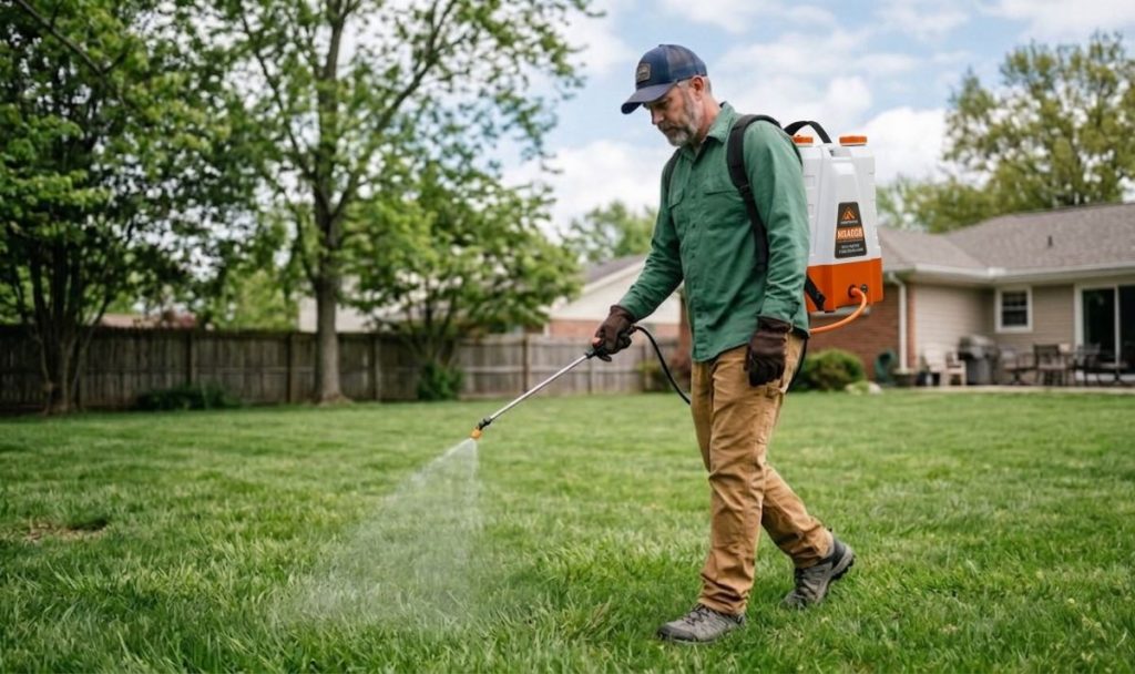 Backpack sprayer applying liquid fertilizer evenly across a residential lawn.